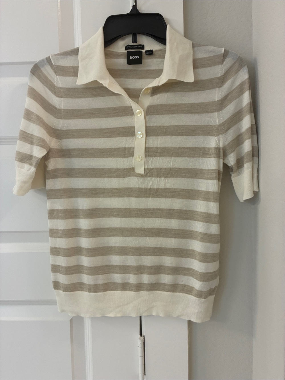 BOSS Fidenka stripe merino wool polo in pumice stone